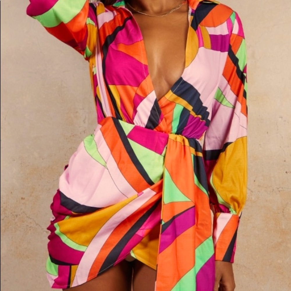 Multi Abstract Drape Plunge Dress💕